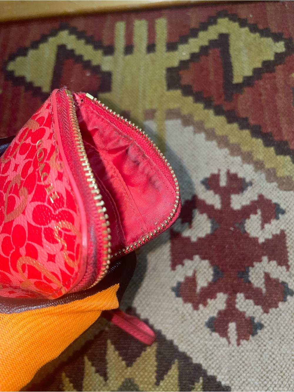 Vintage Coach Pink-Red Gold Heart Print Mini Wristlet with Gold Accents - Picture 6 of 10